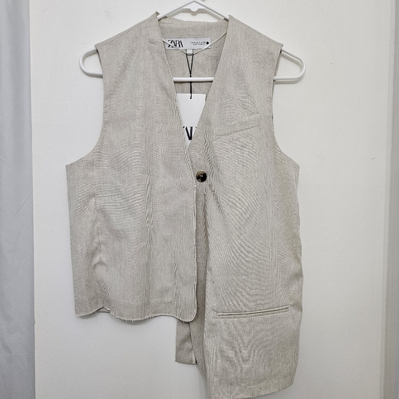 New ZARA WOMAN V-NECK ZW COLLECTION ASYMMETRIC STRIPED WAISTCOAT SAND Size S - Picture 2 of 13